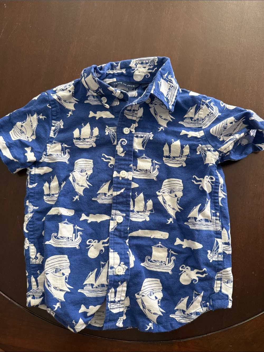 Janie and Jack Blue and White Nautical Ship Print Button-Down Shirt